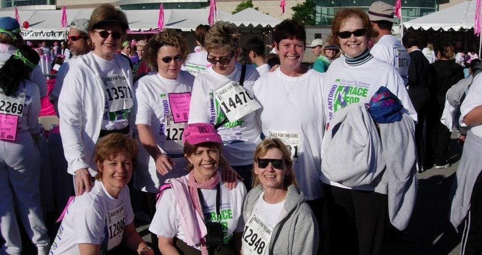 “Brenda’s Breast Friends” at the Race for the Cure. I’m the one in the wig and the pink hat.