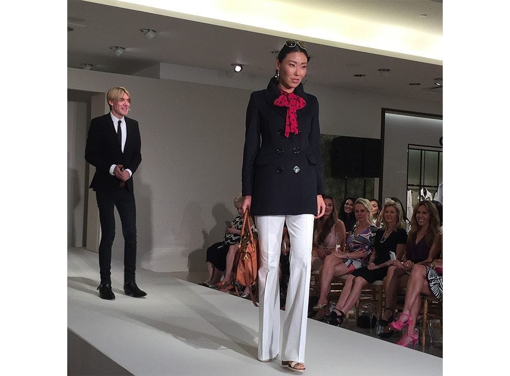 “White flared pants and a navy cashmere coat. A nod to Mary Tyler Moore.”