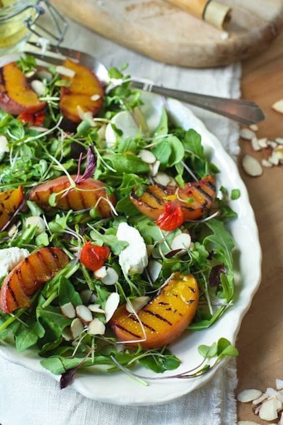 Grilled Peach and Arugula Salad with White Balsamic Vinaigrette