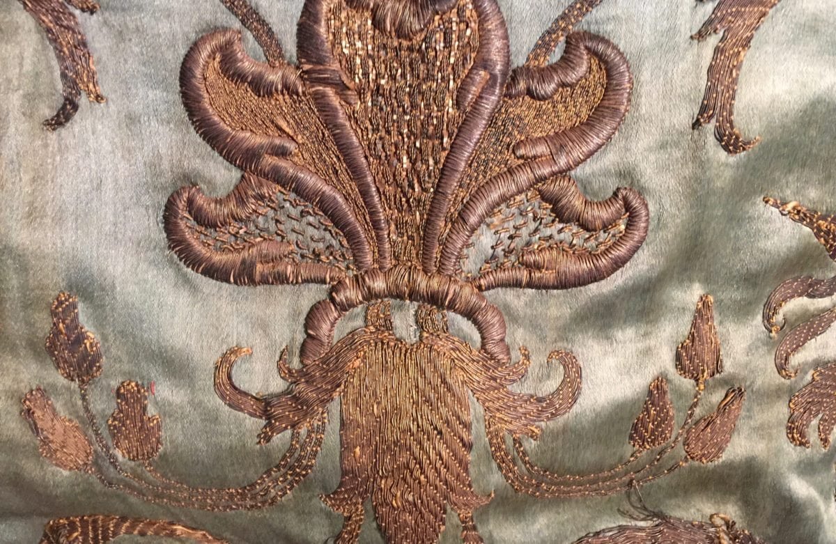 Closeup of previous pale, French blue velvet and thread piece.