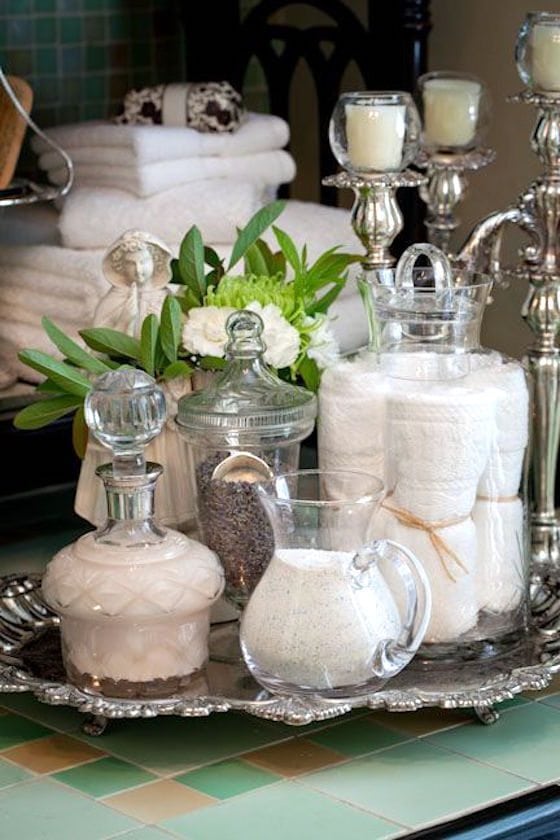 Silver tray in the bathroom