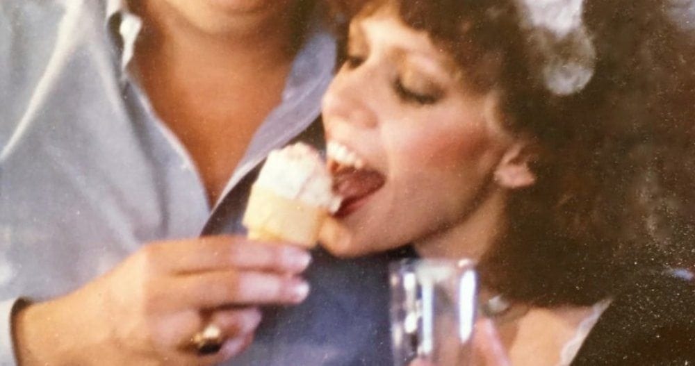 My friend and I when we were 23. I'd just won First Place at the Austin Spam-a-Rama with my 'Spam Wellington & Madera Sauce,' original recipe borrowed from Julia Child. I served it on a silver platter & was dressed in a short, French maid's outfit with black fishnets and high heels. We're eating Spamoni Ice Cream, which won Second Place. Photo by my first husband.